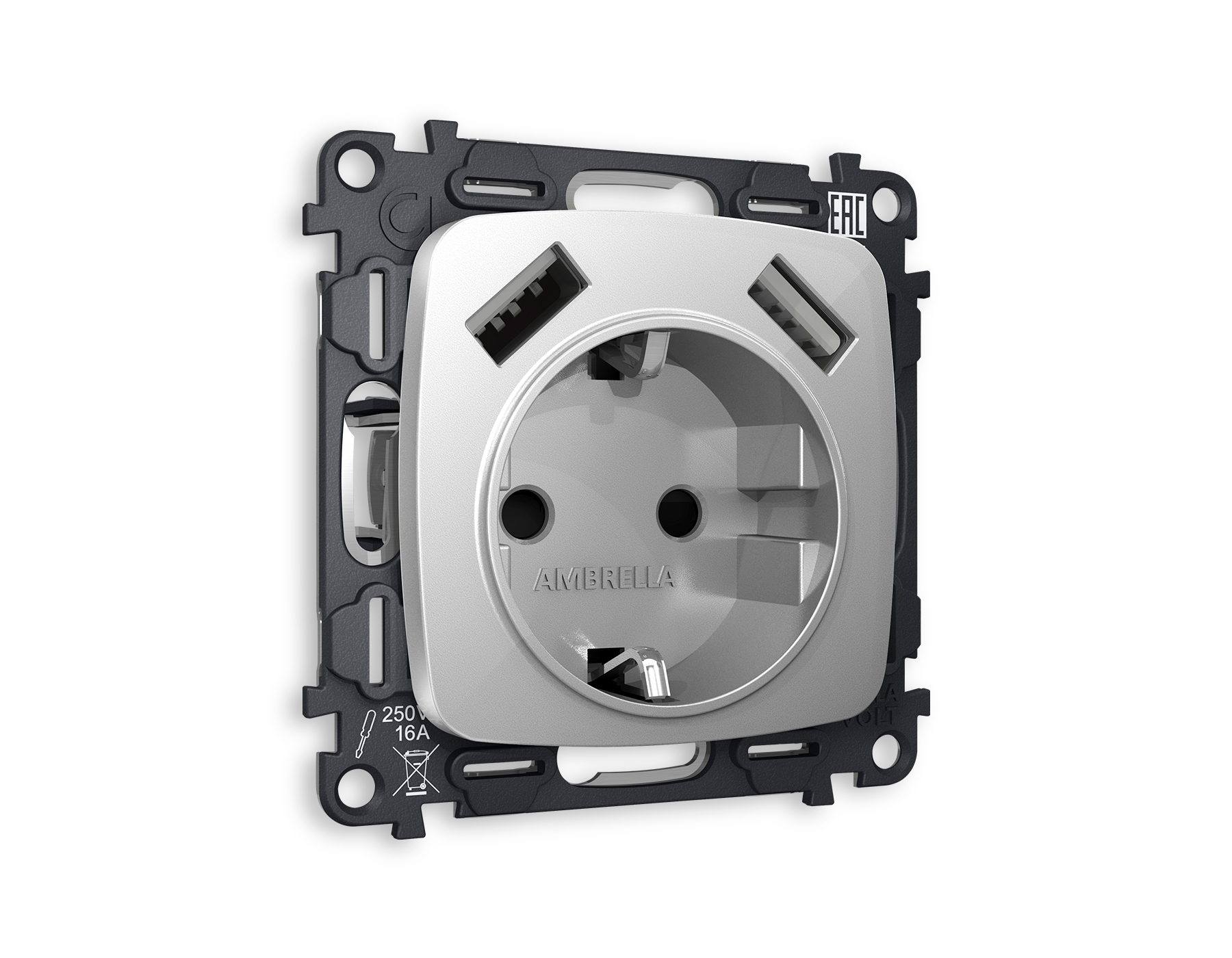 MO409010 Комплект механизма электрической розетки OMEGA Серебро глянец 2USB A+A 18W (быстрая зарядка) с/з QUANT (OP4090, VM155)