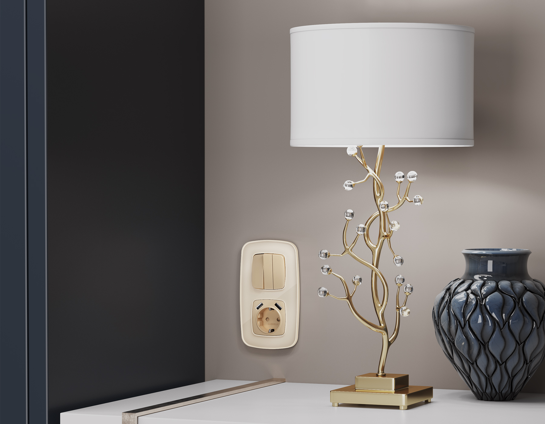 OP6090 Лицевая панель OMEGA (Шампань) для электрической розетки с/з со шторками 2USB A+A QUANT