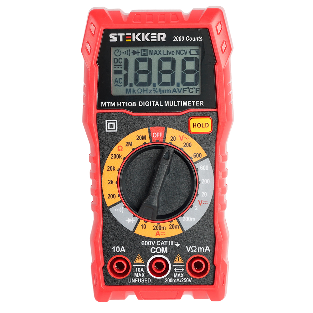 MTM HT108 Мультиметр цифровой, 2000 отсчетов, 2 батареи тип ААА 1,5В, ручная регулировка, красный, TM STEKKER