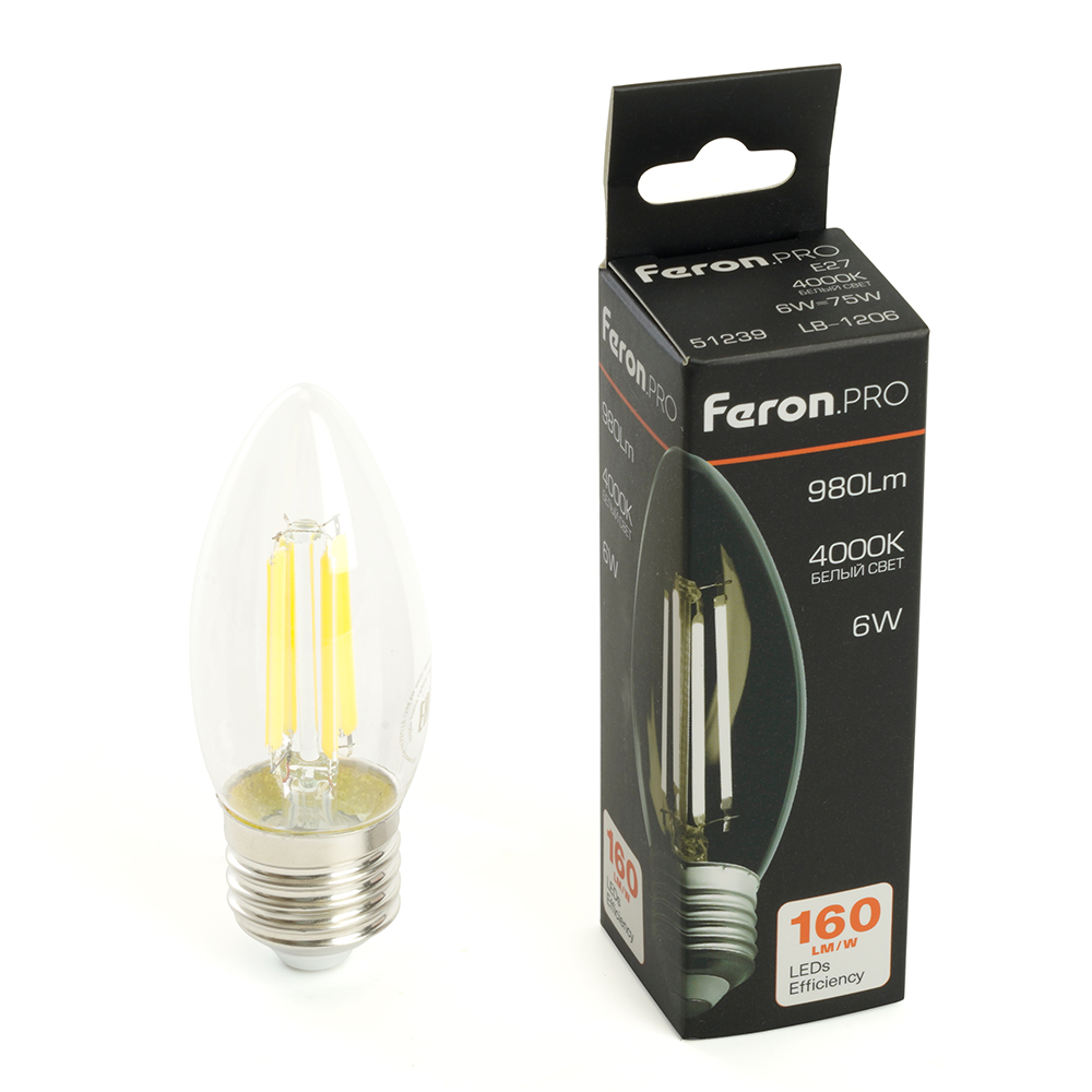 Лампа светодиодная Feron.PRO LB-1206 Свеча E27 980LM 6W 175-265V 4000K Лампа светодиодная Feron.PRO LB-1206 Свеча E27 980LM 6W 175-265V 4000K