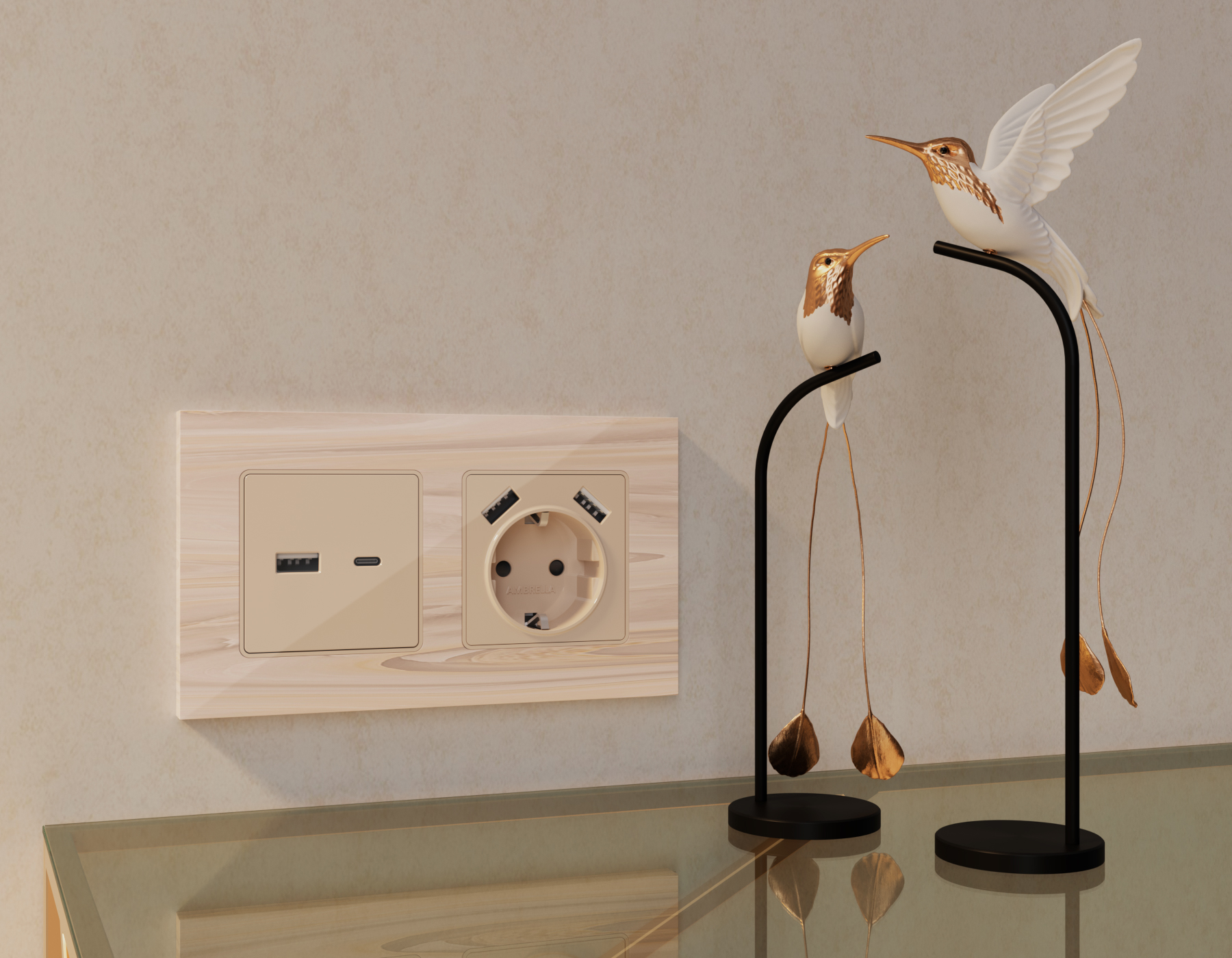 MA311010 Комплект механизма розетки ALFA Бежевый глянец 2USB A+C 20W (быстрая зарядка) QUANT (AP3100, VM177)