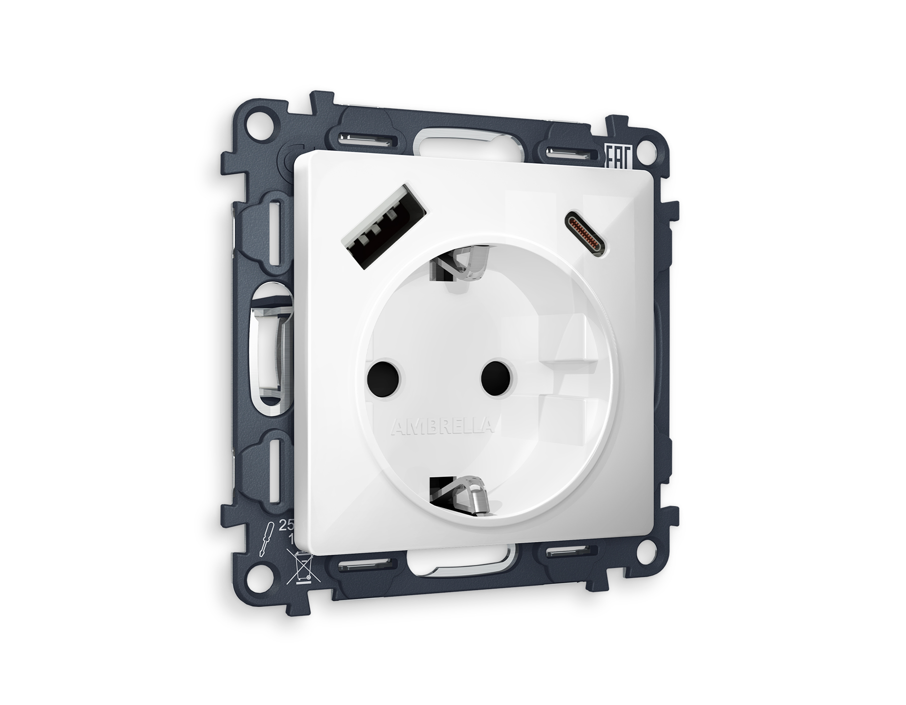 MA110010 Комплект механизма электрической розетки ALFA Белый глянец 2USB A+C 20W (быстрая зарядка) с/з QUANT (AP1100, VM160)