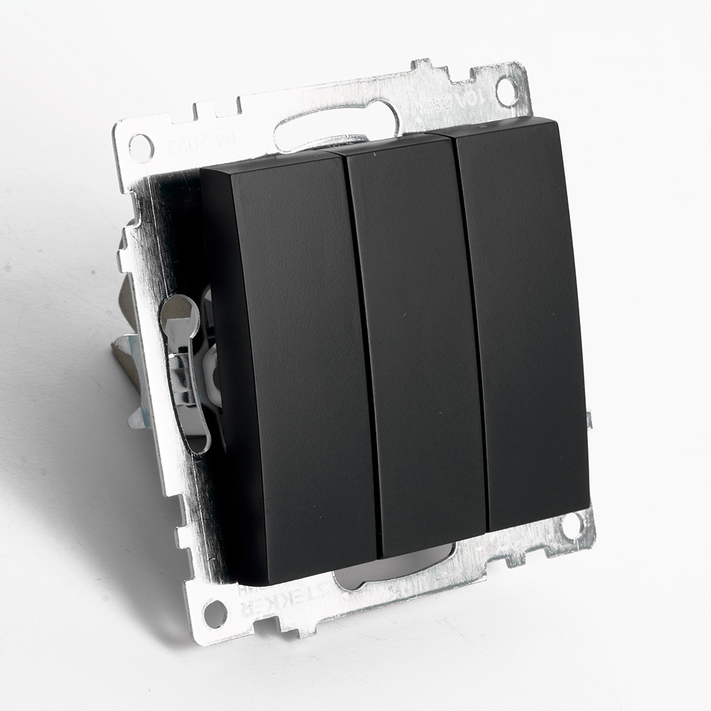 Выключатель 3-клавишный (механизм), STEKKER GLS10-7108-05, 250V, 10А, серия Катрин, черный