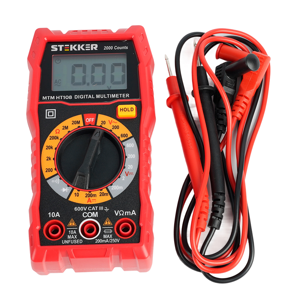 MTM HT108 Мультиметр цифровой, 2000 отсчетов, 2 батареи тип ААА 1,5В, ручная регулировка, красный, TM STEKKER