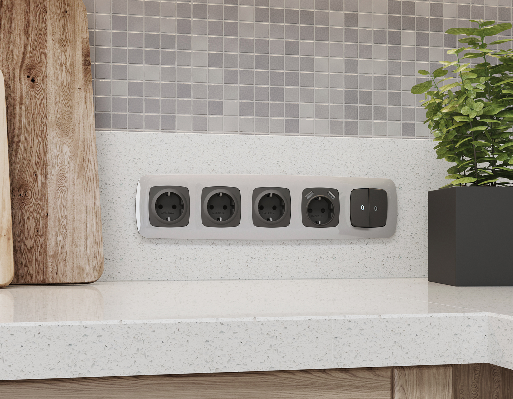 OP9070 Лицевая панель OMEGA (Графит Мягкое касание) для электрической розетки с/з со шторками QUANT