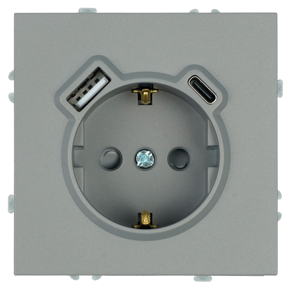 Розетка 1-местная з/ш с/з 16А + USB + Type C (механизм), Stekker, 250В, 20W, серия Эмили, платиново-серый, soft-touch, RST16-5119-10