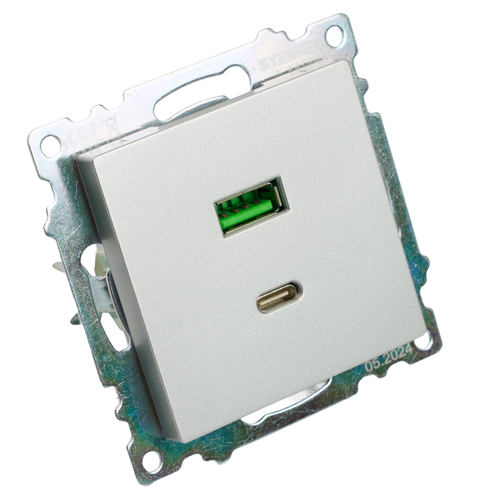 Розетка 2-местная USB + type C (механизм)), STEKKER GLS10-7116-03 , 250B, 3А, max 20W, серия Катрин, серебро