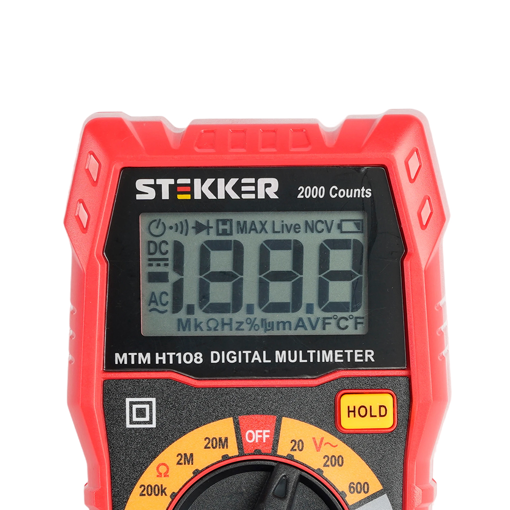MTM HT108 Мультиметр цифровой, 2000 отсчетов, 2 батареи тип ААА 1,5В, ручная регулировка, красный, TM STEKKER