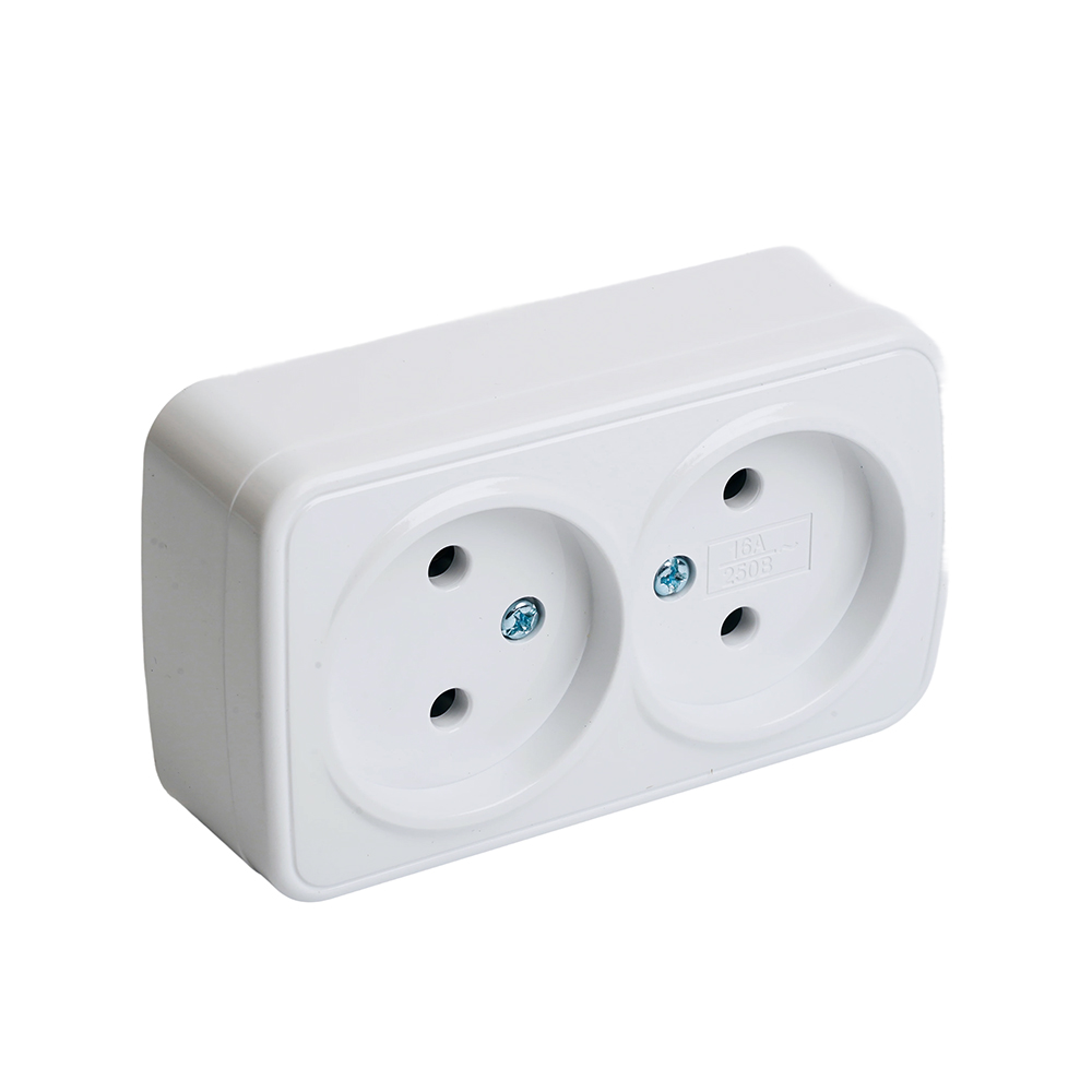 Розетка накладная 2-местная б/з STEKKER, PST10-502-20, пластик АВS, 250В, 16А, IP20, серия Basic, белый