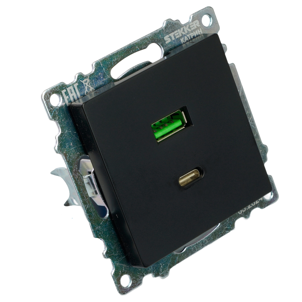 Розетка 2-местная USB + type C (механизм), STEKKER GLS10-7116-05, 250B, 3А, серия Катрин, черный