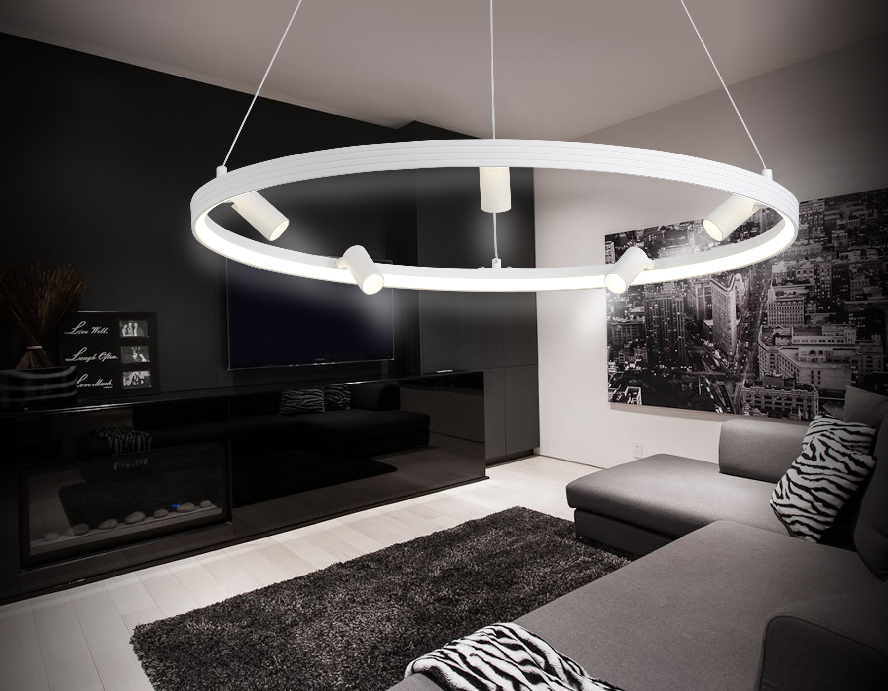 Подвесной LED светильник FL5288/1+5 WH белый 72W 3000K/4200K/6400K+4200K D700*1200 (ПДУ ИК)