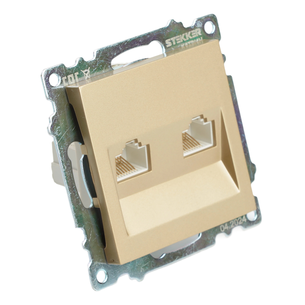 Розетка компьютерная 2-местная RJ-45 (механизм) STEKKER GLS00-7109-08, серия Катрин, золото