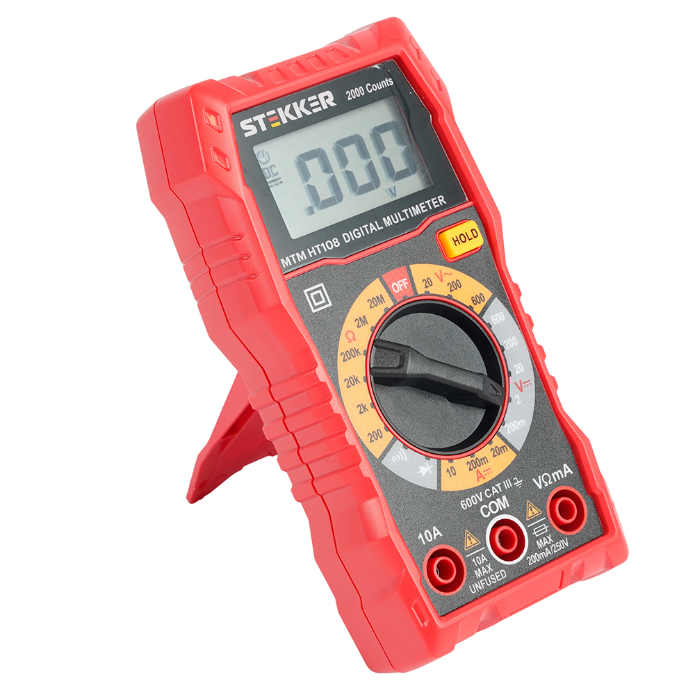 MTM HT108 Мультиметр цифровой, 2000 отсчетов, 2 батареи тип ААА 1,5В, ручная регулировка, красный, TM STEKKER