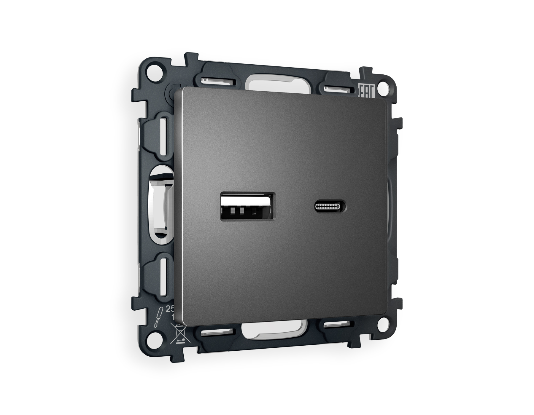 MA661010 Комплект механизма розетки ALFA Антрацит серый 2USB A+C 20W (быстрая зарядка) QUANT (AP6610, VM177)