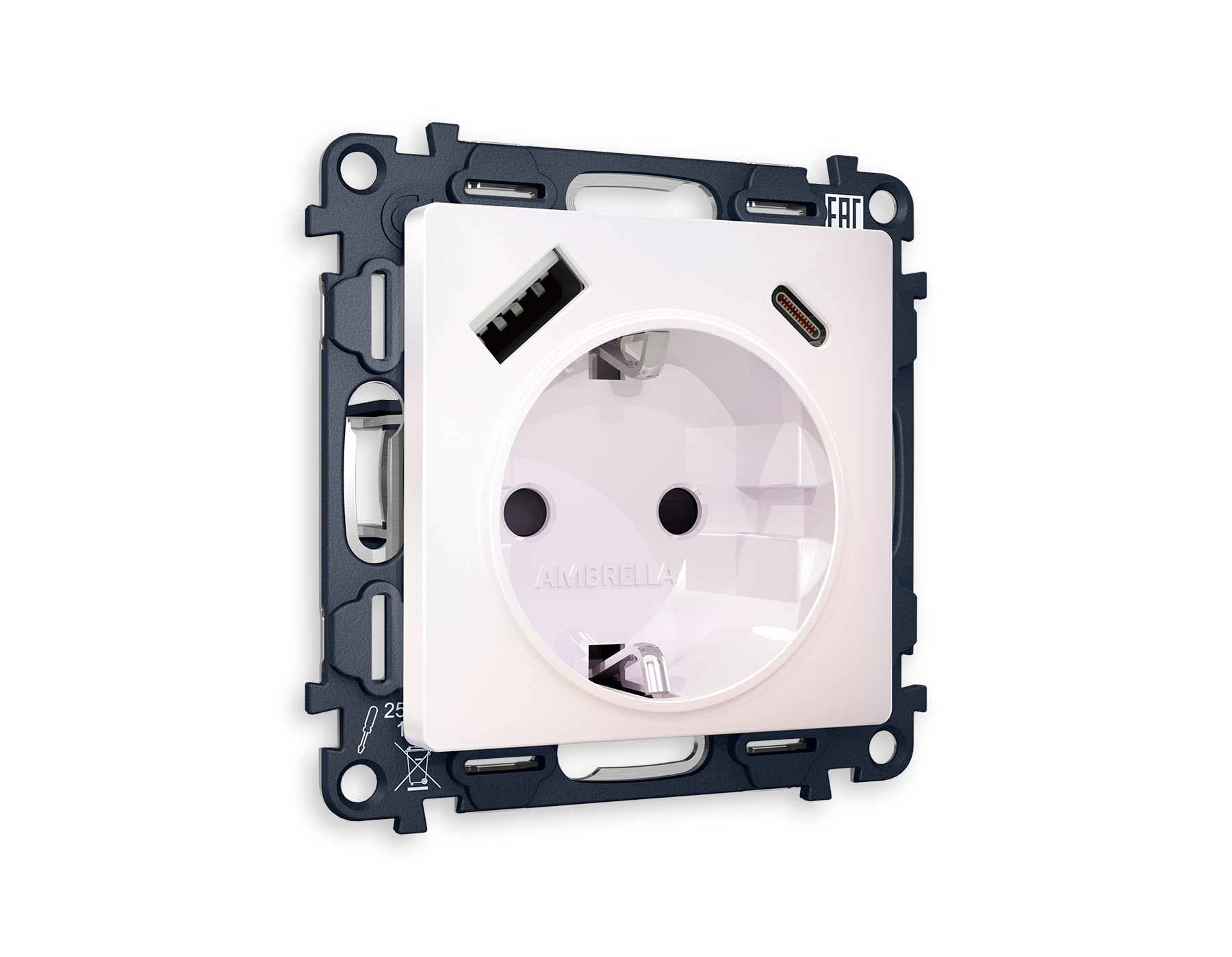 MA210010 Комплект механизма электрической розетки ALFA Жемчуг 2USB A+C 20W (быстрая зарядка) с/з QUANT (AP2100, VM160)