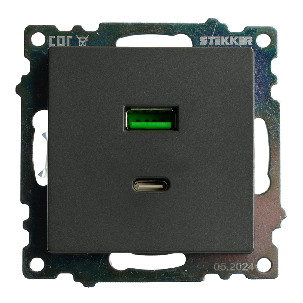 Розетка 2-местная USB + type C (механизм), 250В, 3А, max 20W, серия Катрин, графит, GLS10-7116-06