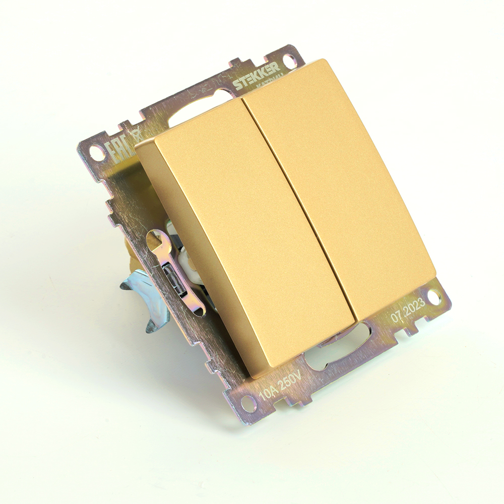 Переключатель 2-клавишный (механизм), STEKKER, GLS10-7107-08, 250В, 10А, серия Катрин, золото