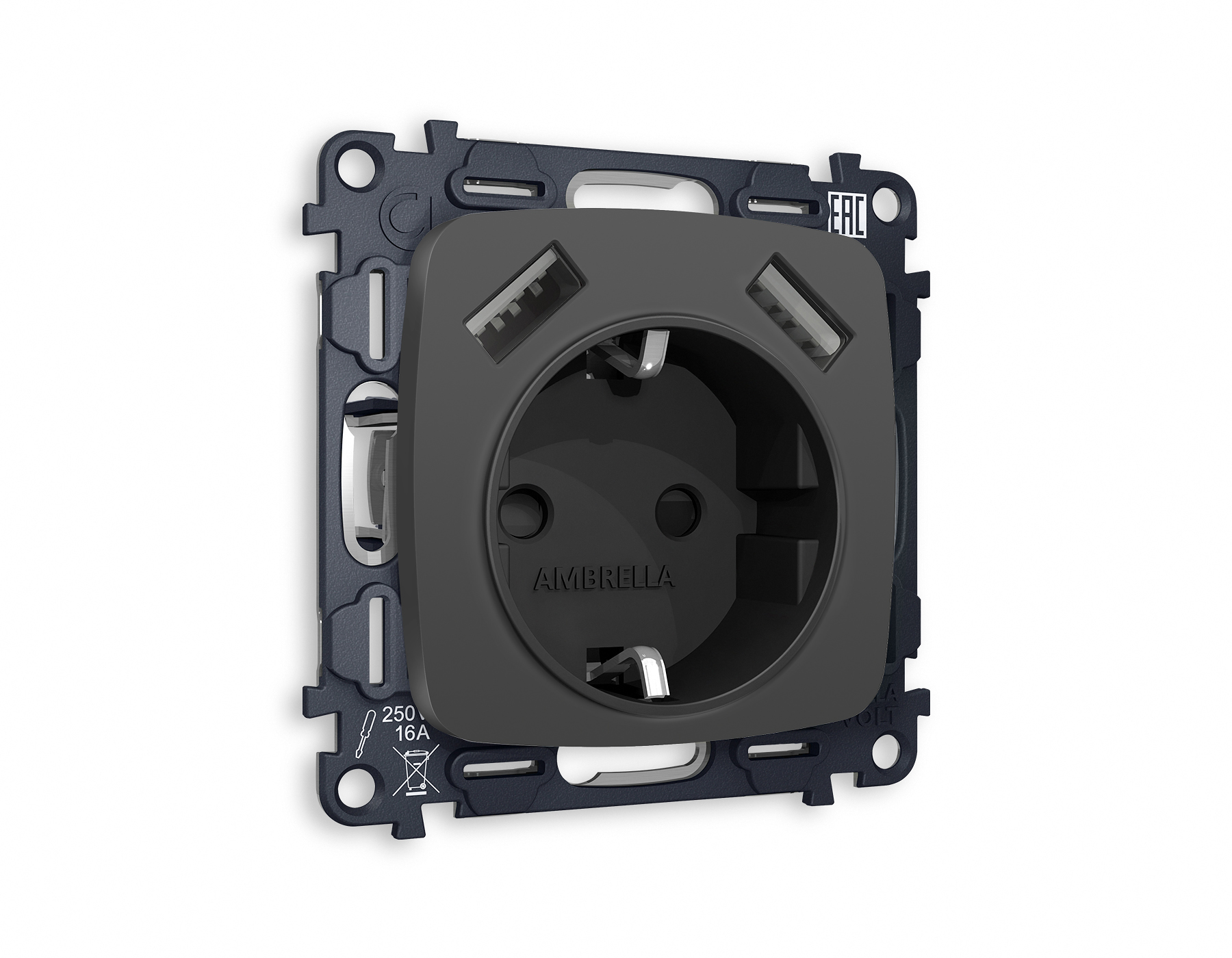 MO909010 Комплект механизма электрической розетки OMEGA Графит мягкое касание 2USB A+A 18W (быстрая зарядка) с/з QUANT (OP9090, VM155)