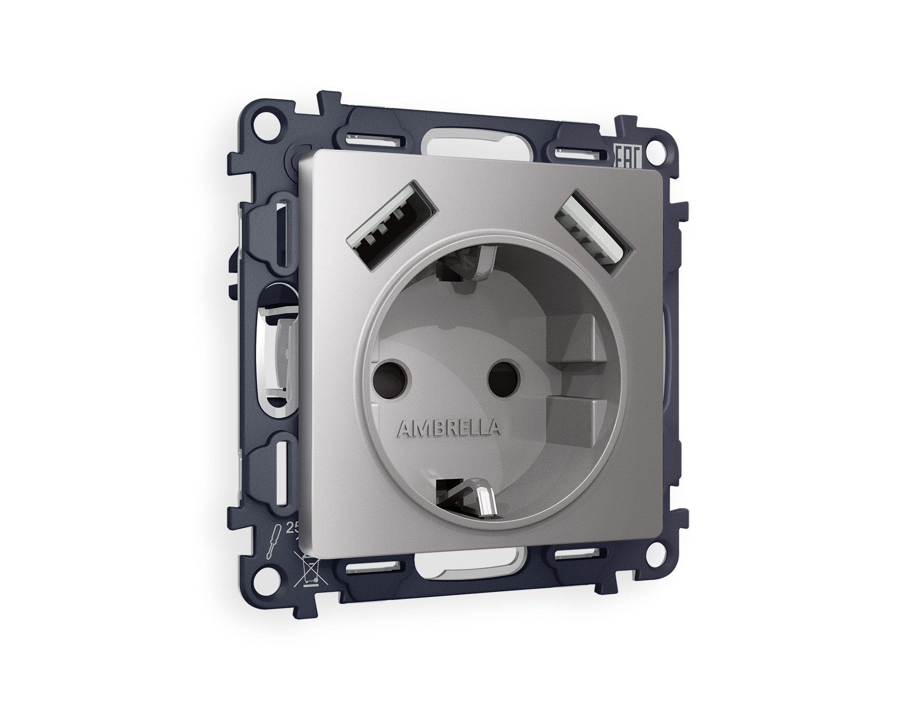 MA509010 Комплект механизма электрической розетки ALFA Сталь матовый 2USB A+A 18W (быстрая зарядка) с/з QUANT (AP5090, VM155)