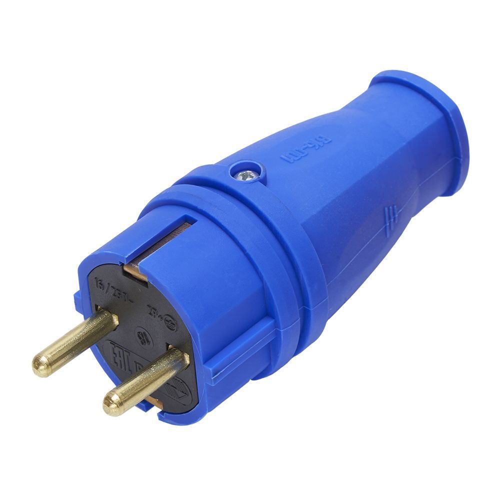 Вилка STEKKER RPG16-21-441 прямая с заземляющим контактом, каучук 250В, 16A, IP44, синяя (В 16-001) 39161
