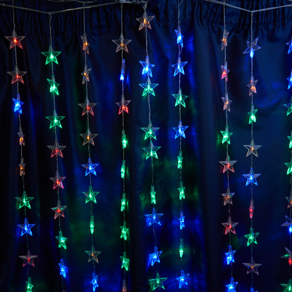 Светодиодная гирлянда Feron CL25 занавес Звездочки  2*1м  + 3м 230V мультиколор, статичная, c питанием от сети, прозрачный шнур Светодиодная гирлянда Feron CL25 занавес Звездочки  2*1м  + 3м 230V мультиколор, статичная, c питанием от сети, прозрачный шнур