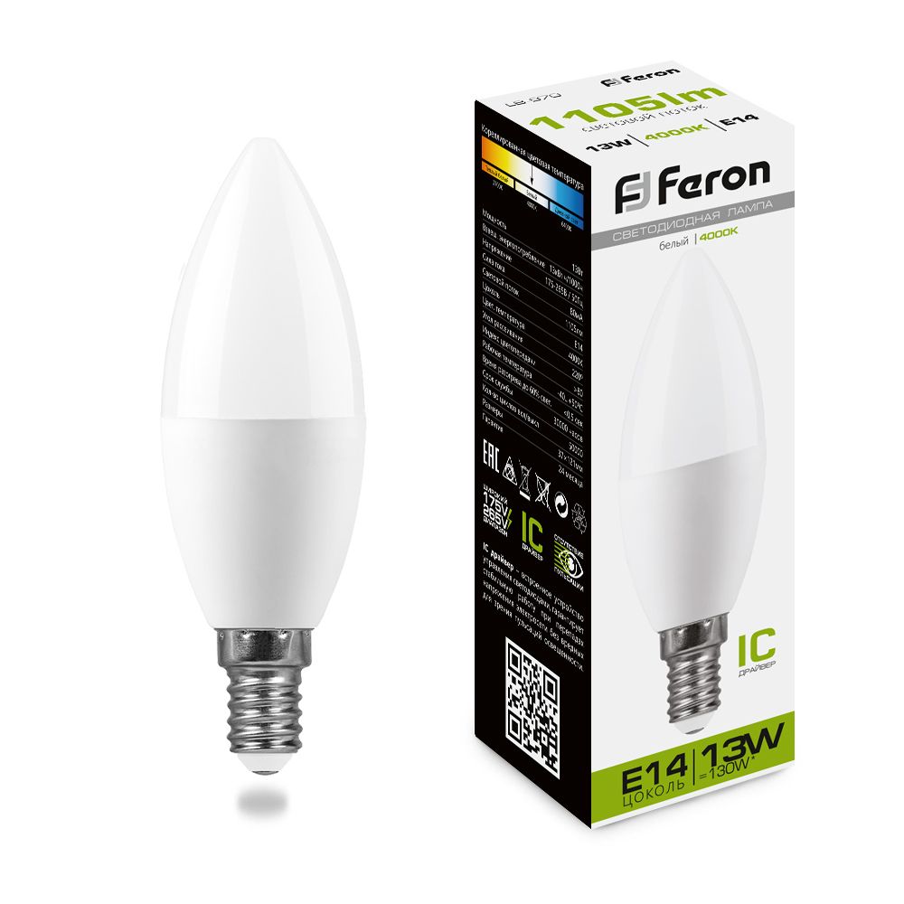 Лампа светодиодная Feron LB-970 Свеча E14 13W 4000K Лампа светодиодная Feron LB-970 Свеча E14 13W 4000K