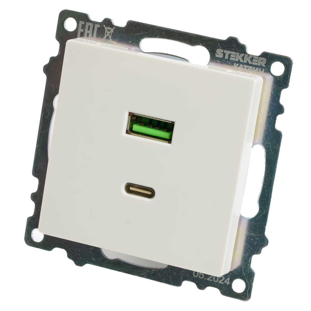 Розетка USB 2-местная + type C (механизм), STEKKER GLS10-7116-01, 250В, 3А, max 20W, серия Катрин, белый