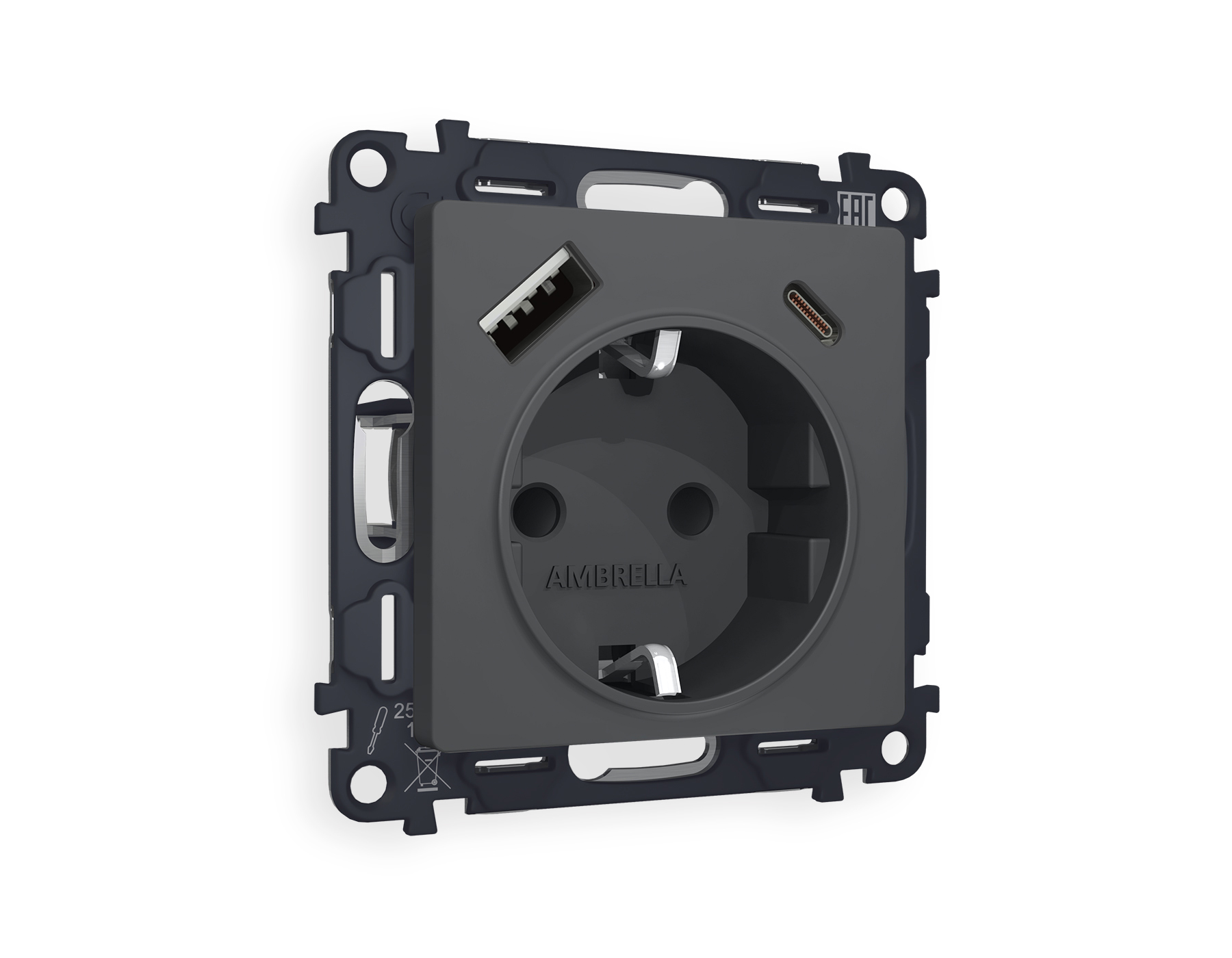 MA910010 Комплект механизма электрической розетки ALFA Графит мягкое касание 2USB A+C 20W (быстрая зарядка) с/з QUANT (AP9100, VM160)