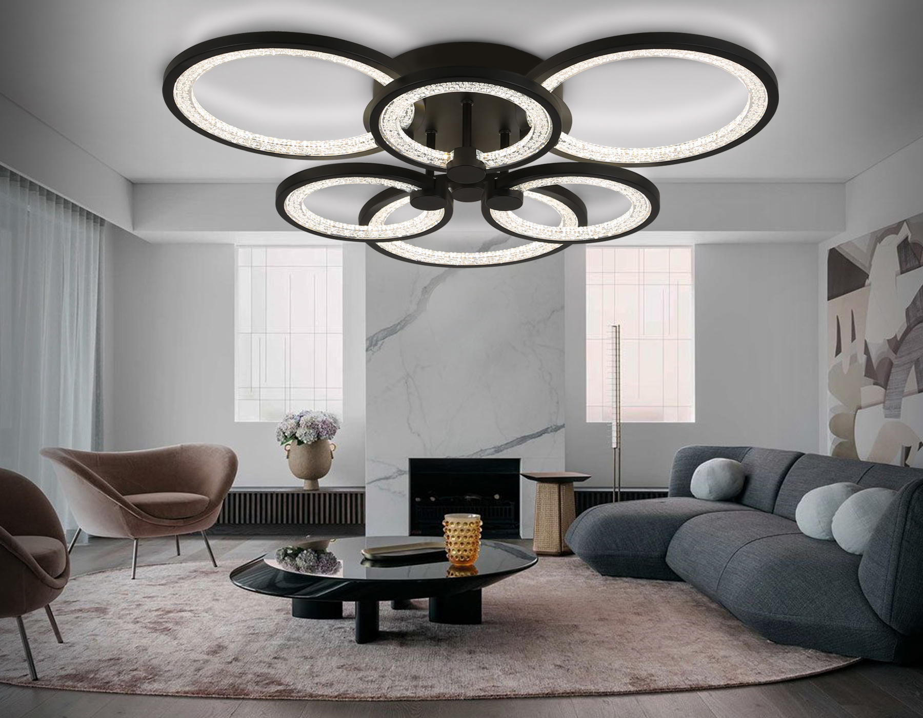 Потолочный LED светильник FA4092/3+3 BK черный 100W 3000K+6400K/4200K/6400K+3000K 620*570*120 (ПДУ ИК)