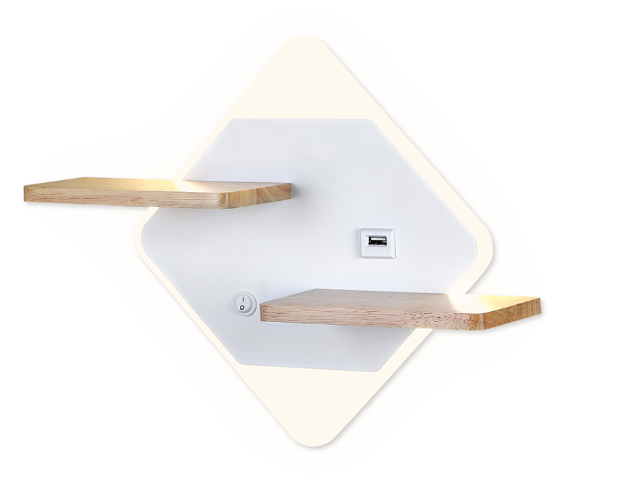 Настенный светодиодный светильник с выключателем, USB и полкой Ambrella FW100 WH/WD белое/дерево LED 3000K/4200K/6400K 12W 340*250*105