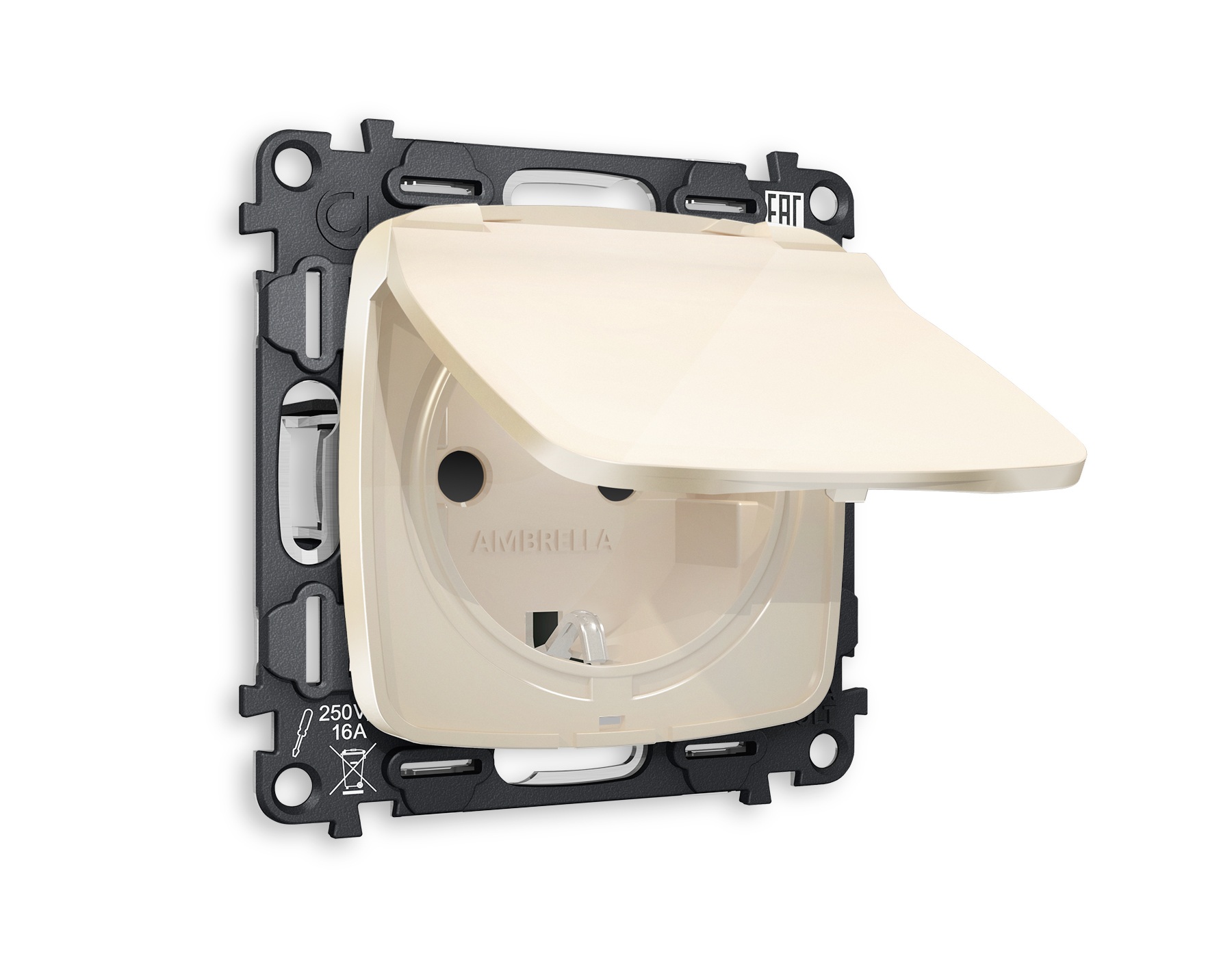 MO308010 Комплект механизма электрической розетки OMEGA Бежевый глянец с/з с шторками и крышкой IP44 QUANT (OP3080, VM141)