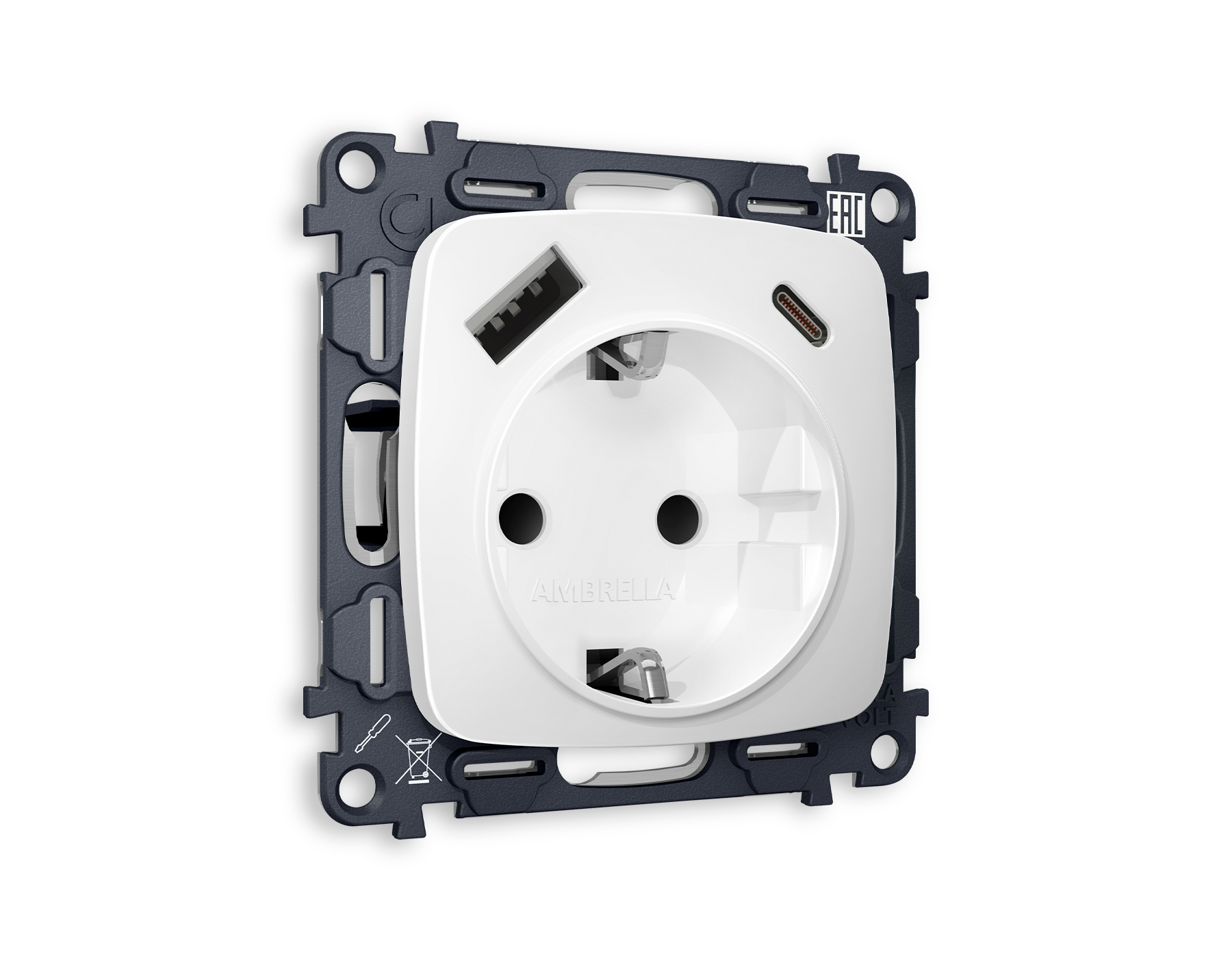 MO130010 Комплект механизма электрической розетки OMEGA Белый матовый 2USB A+C 20W (быстрая зарядка) с/з QUANT (OP1300, VM160)