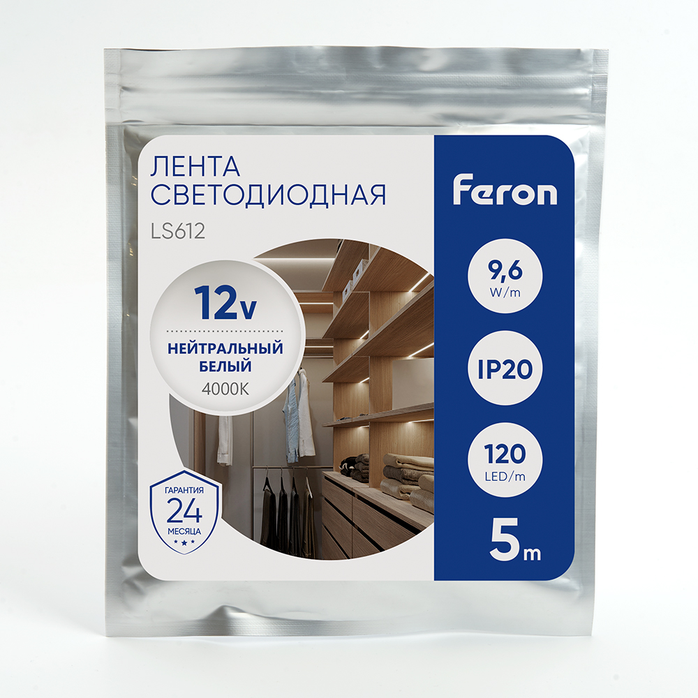 Cветодиодная LED лента Feron LS612, 120SMD(2835)/м 9.6Вт/м  5м IP20 12V 4000К Cветодиодная LED лента Feron LS612, 120SMD(2835)/м 9.6Вт/м  5м IP20 12V 4000К