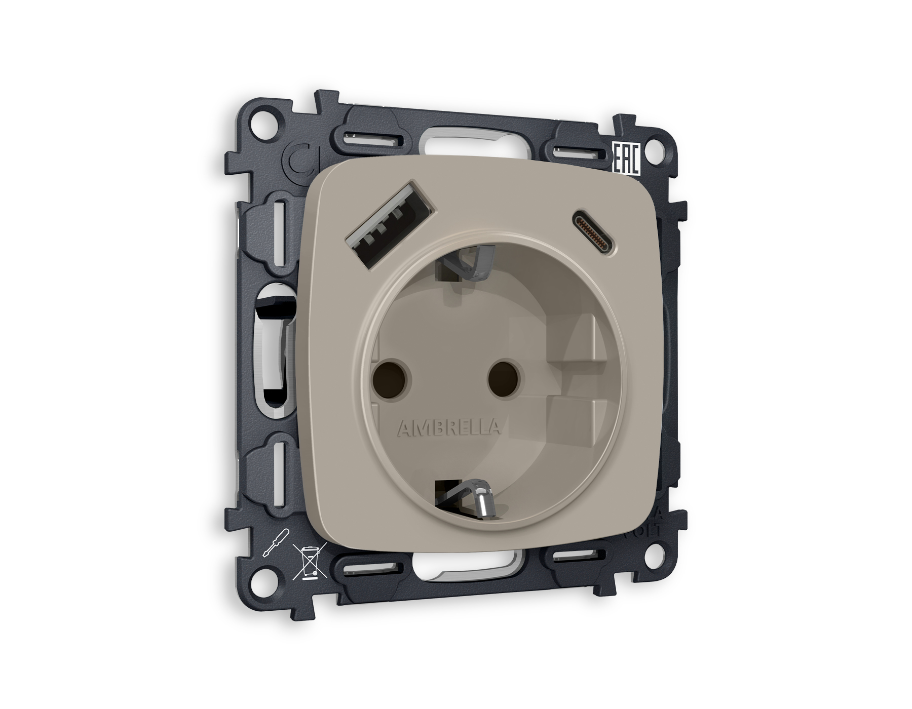 MO370010 Комплект механизма электрической розетки OMEGA Серо-бежевый матовый 2USB A+C 20W (быстрая зарядка) с/з QUANT (OP3700, VM160)