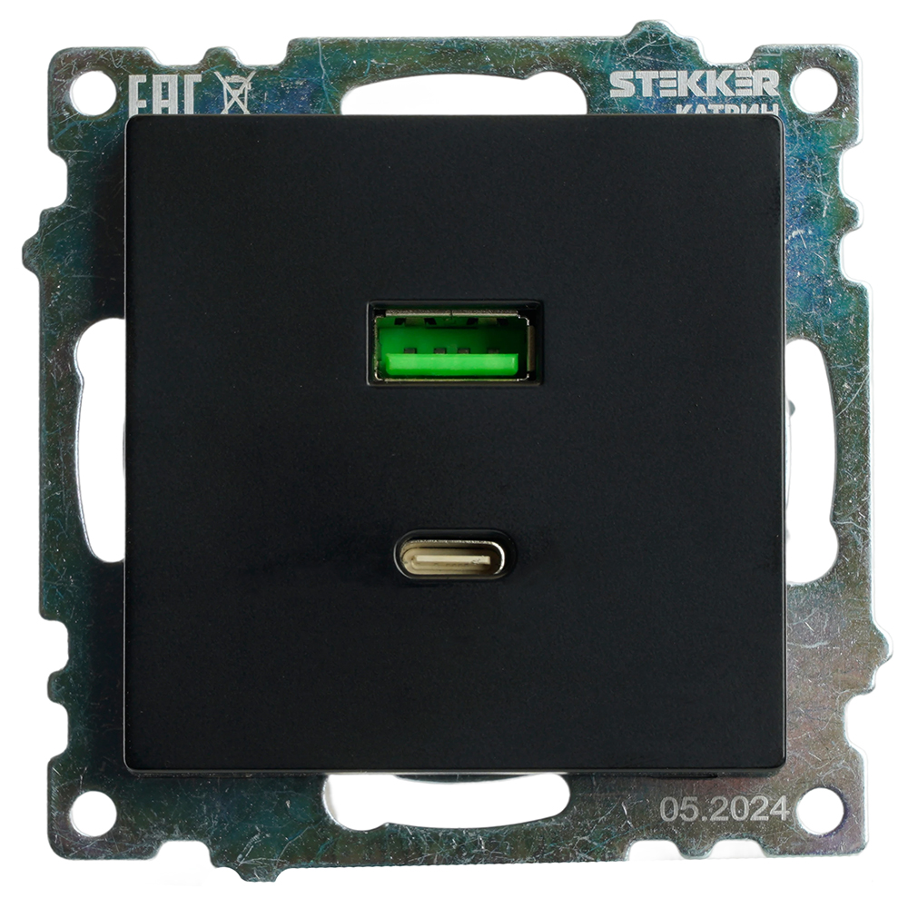 Розетка 2-местная USB + type C (механизм), STEKKER GLS10-7116-05, 250B, 3А, серия Катрин, черный