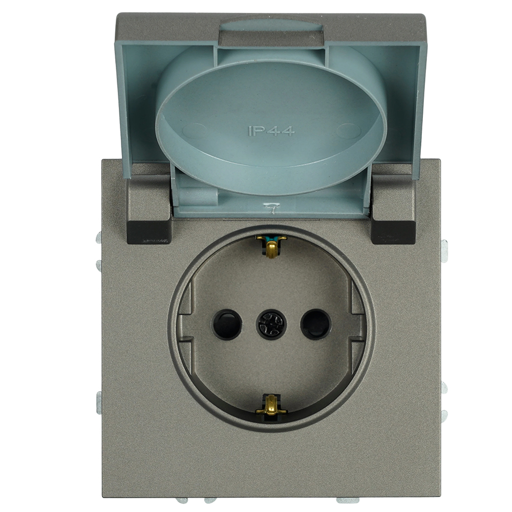 Розетка 1-местная с крышкой с защ. штор, STEKKER, с/з, 250В, 16А, серия Эмили, RST16-5112-09, антрацит, soft touch