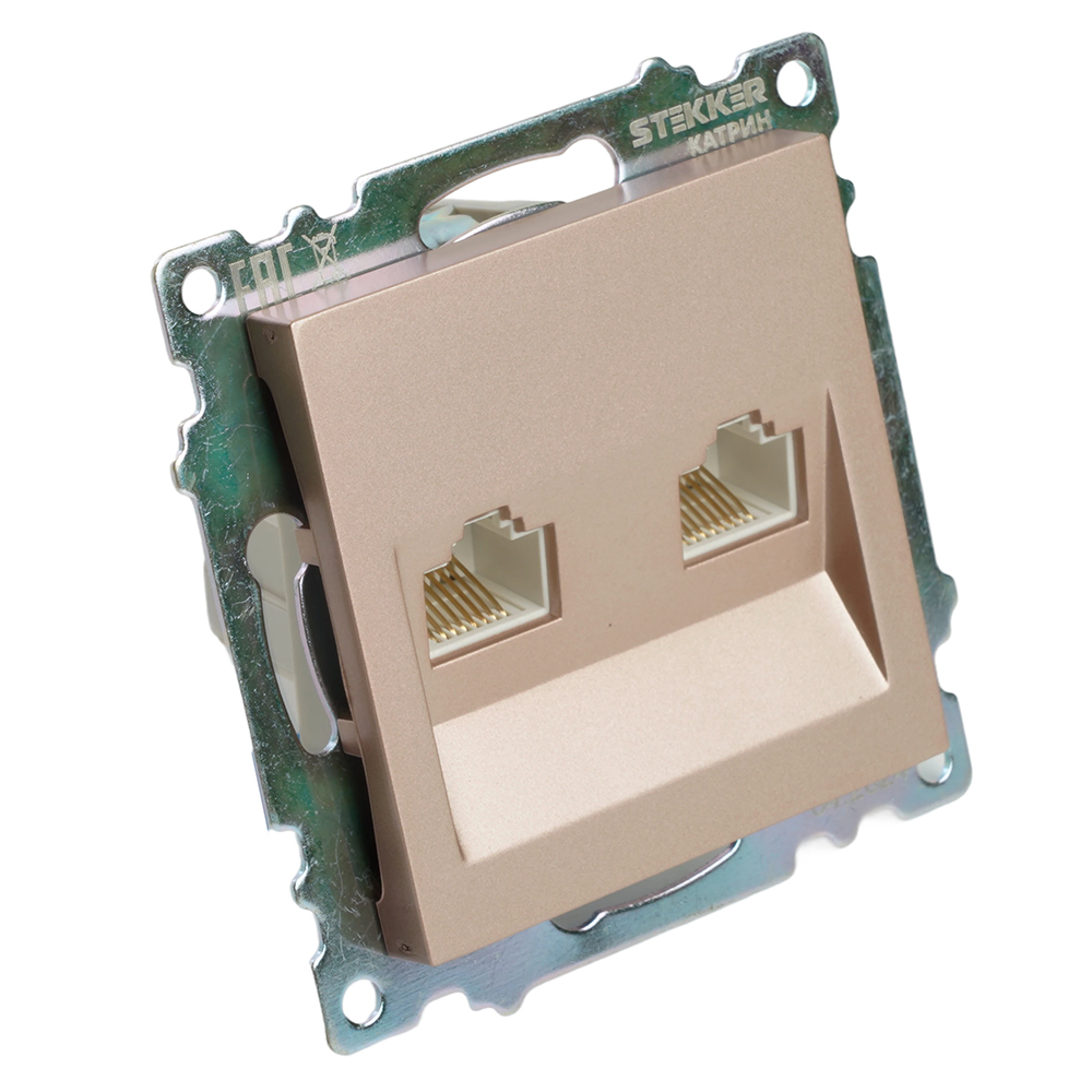 Розетка компьютерная 2-местная RJ-45 (механизм) STEKKER GLS00-7109-02, серия Катрин, шампань