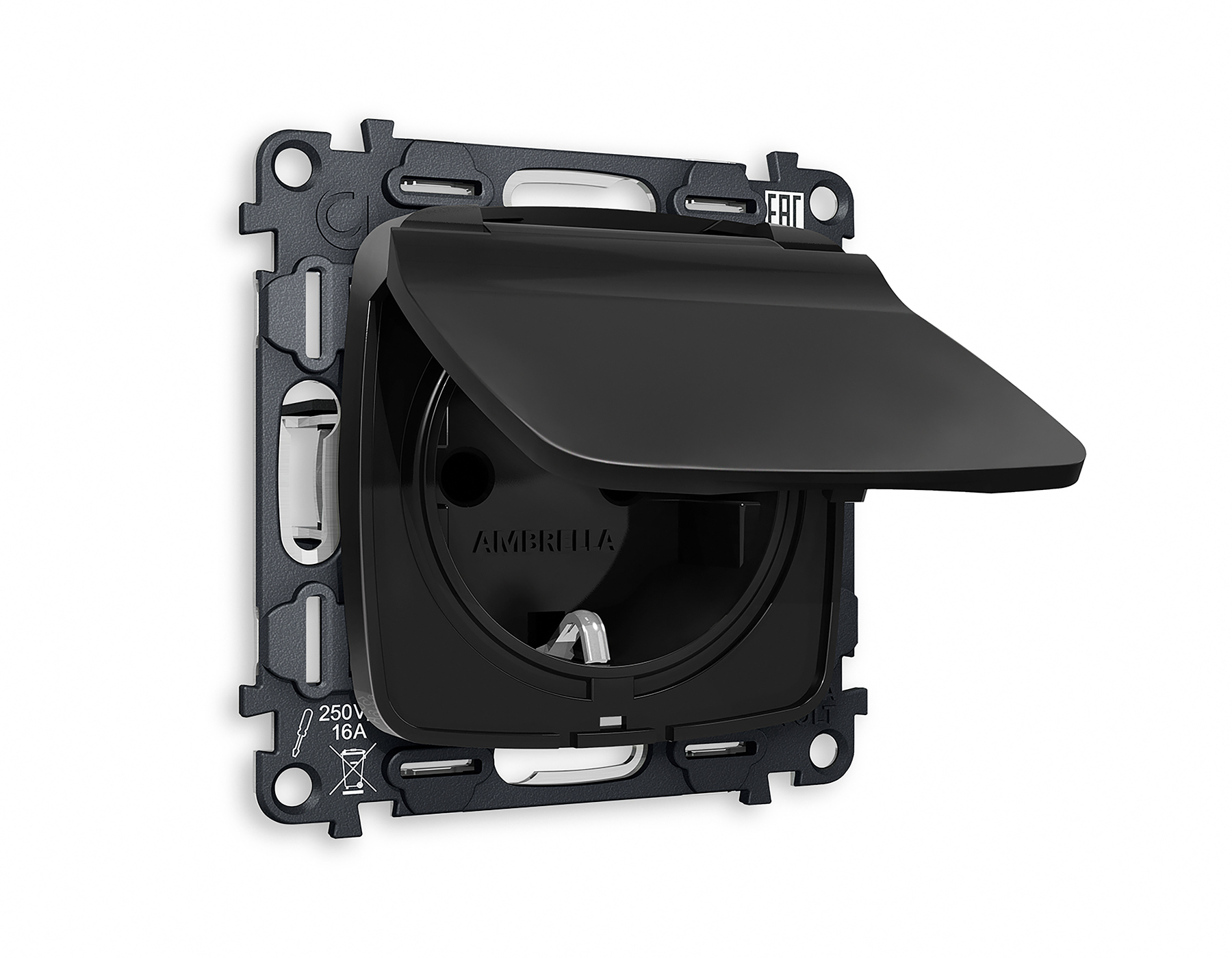 MO808010 Комплект механизма электрической розетки OMEGA Черный матовый с/з с шторками и крышкой IP44 QUANT (OP8080, VM141)