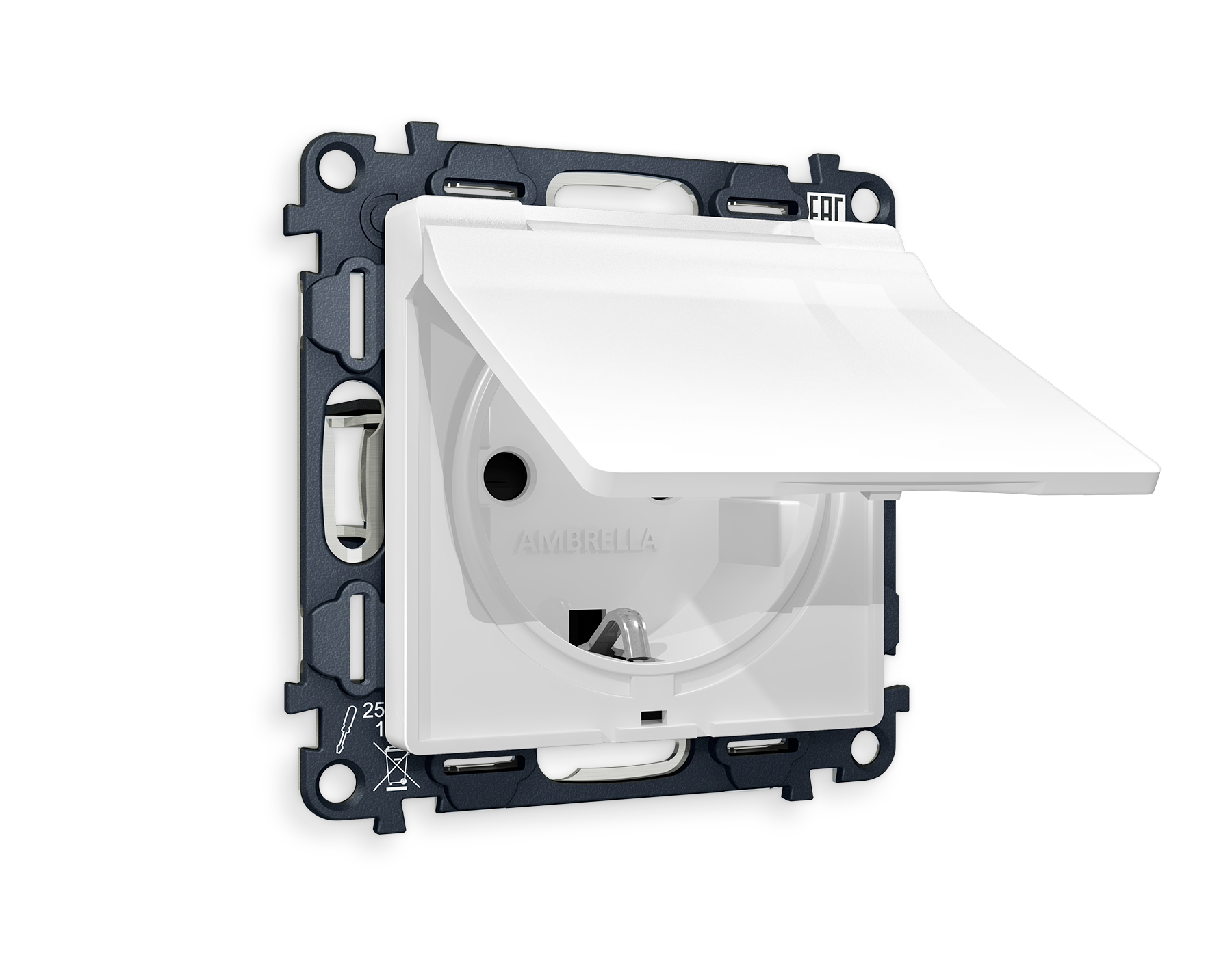 MA108010 Комплект механизма электрической розетки ALFA Белый глянец с/з с шторками и крышкой IP44 QUANT (AP1080, VM141)