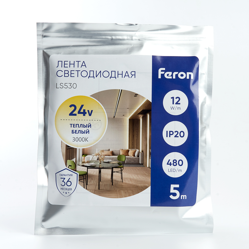 Светодиодная LED лента Feron LS530, 480SMD(2110)/м 12Вт/м 24V 5000*10*1.8мм 3000К Светодиодная LED лента Feron LS530, 480SMD(2110)/м 12Вт/м 24V 5000*10*1.8мм 3000К