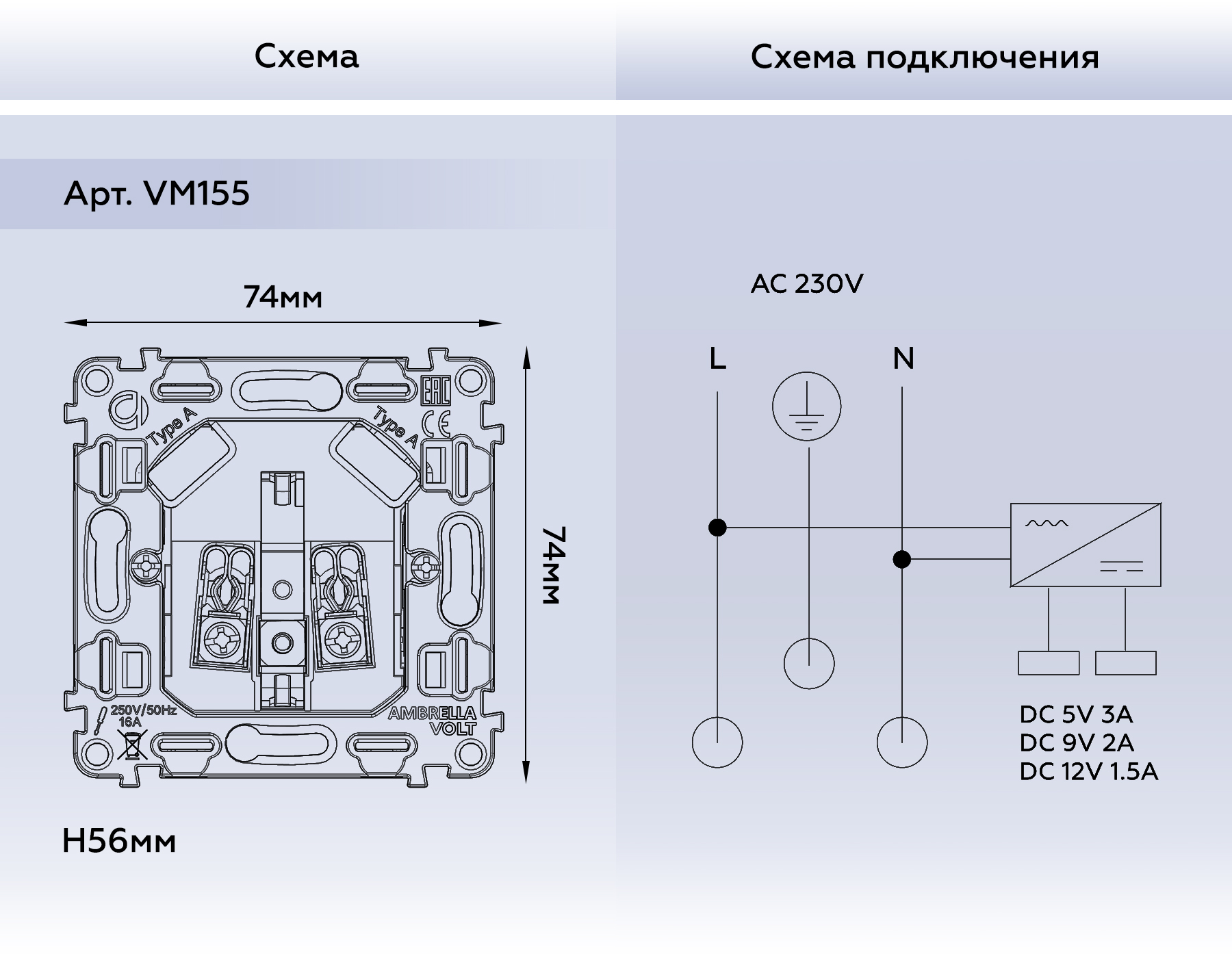 VM155 Механизм электрической розетки 2USB A+A 18W (быстрая зарядка) с/з на винтовых зажимах QUANT