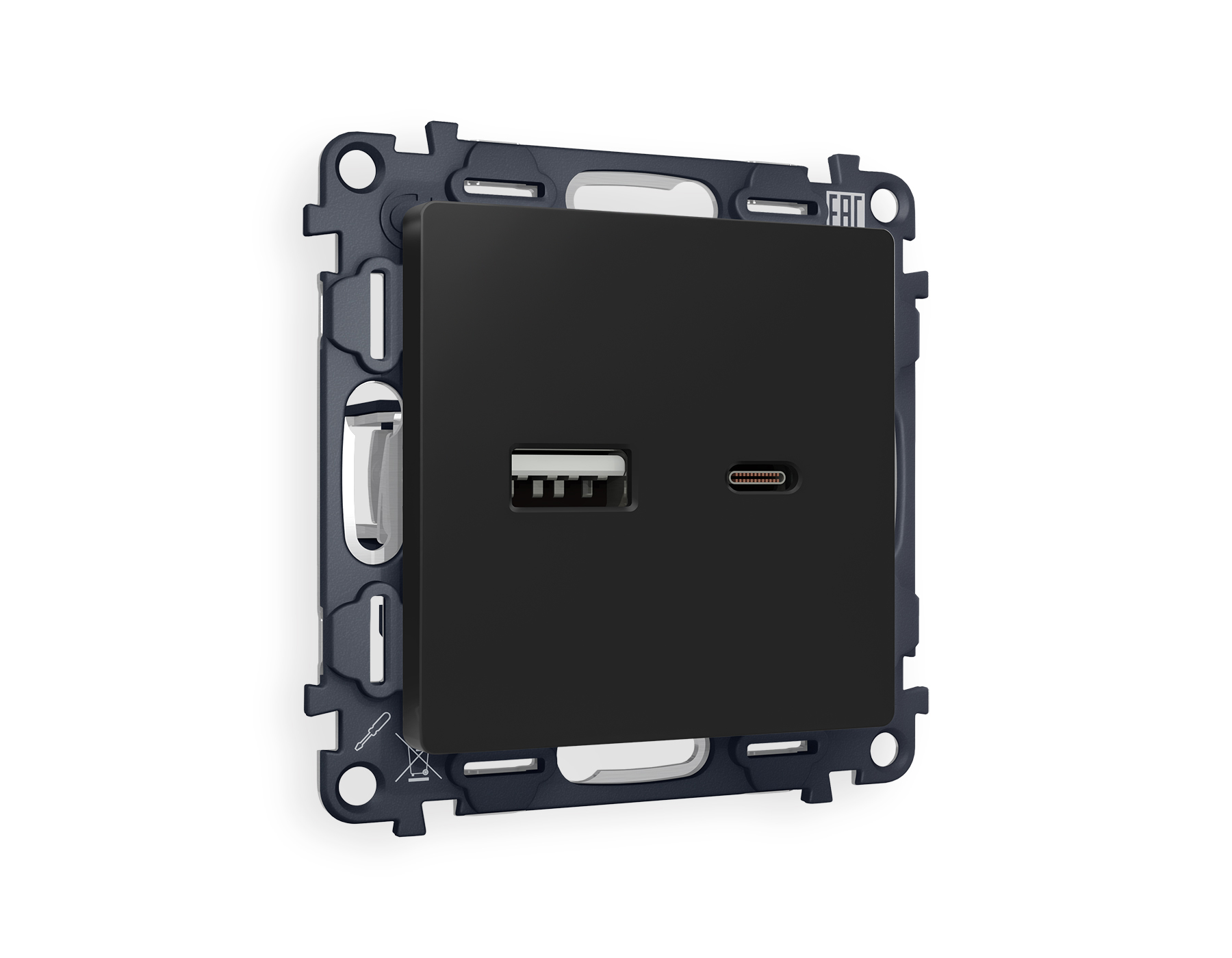 MA811010 Комплект механизма розетки ALFA Черный матовый 2USB A+C 20W (быстрая зарядка) QUANT (AP8110, VM177)