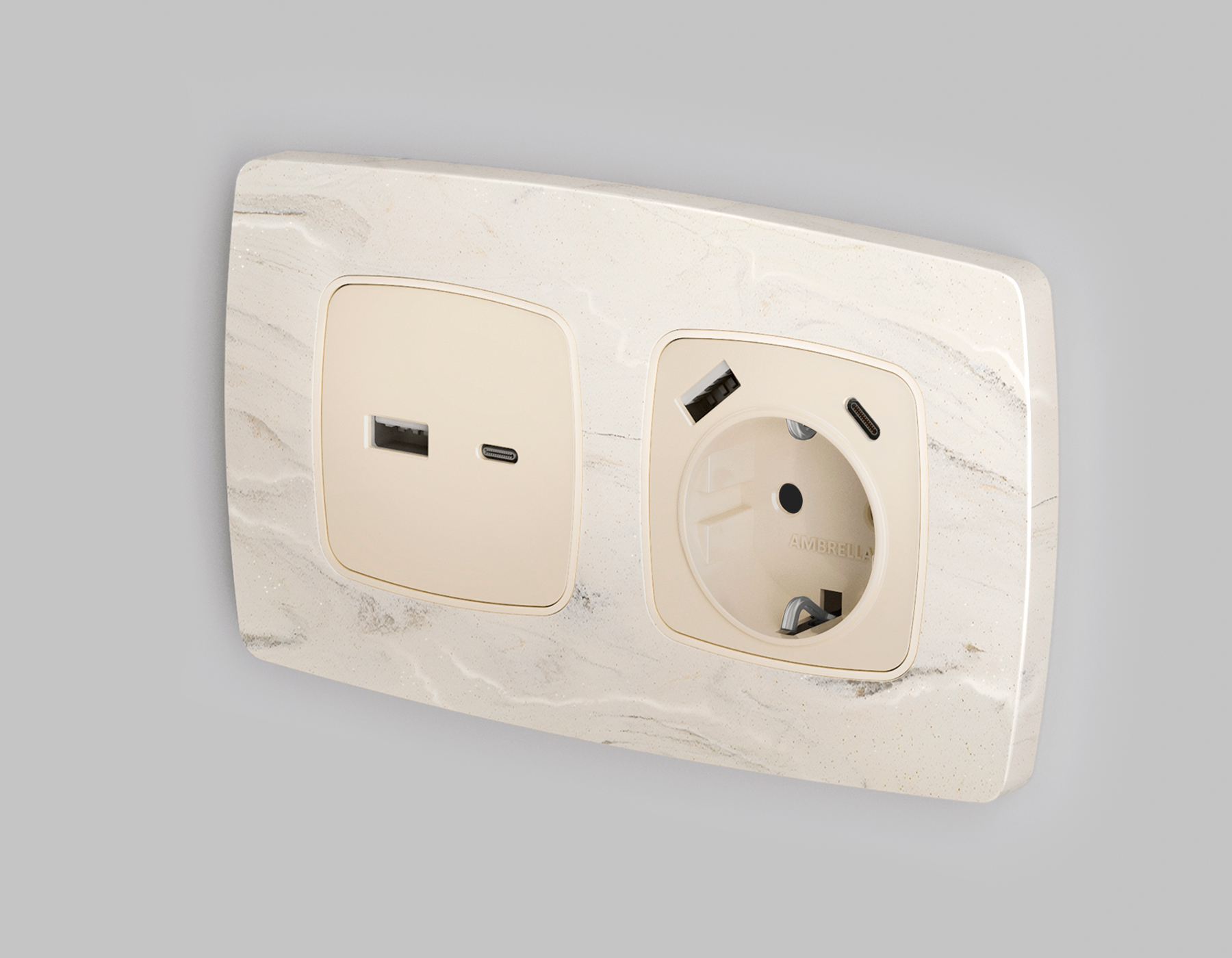 OP3300 Лицевая панель OMEGA (Бежевый матовый) для электрической розетки с/з со шторками 2USB A+C QUANT