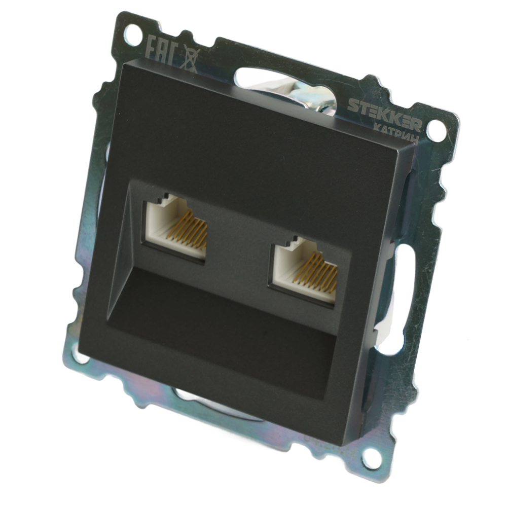 Розетка компьютерная 2-местная RJ-45 (механизм) STEKKER GLS00-7109-06 , серия Катрин, графит