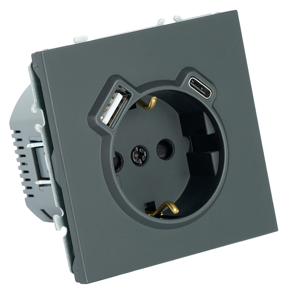 Розетка 1-местная з/ш с/з 16А + USB + Type C (механизм), Stekker, 250В, 20W, серия Эмили, черный уголь, soft-touch, RST16-5119-05