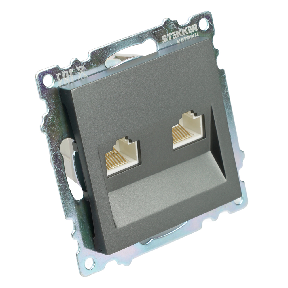 Розетка компьютерная 2-местная RJ-45 (механизм) STEKKER GLS00-7109-06 , серия Катрин, графит