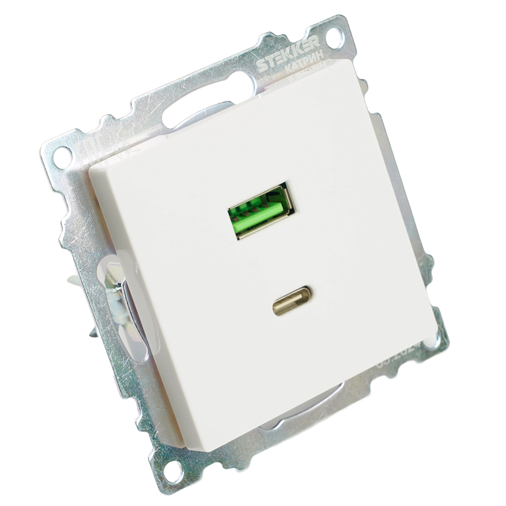 Розетка USB 2-местная + type C (механизм), STEKKER GLS10-7116-01, 250В, 3А, max 20W, серия Катрин, белый