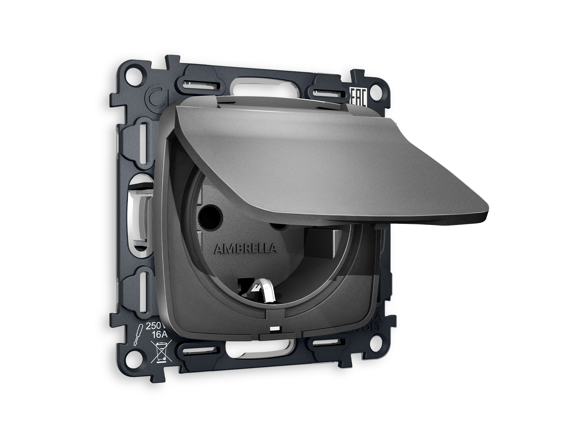 MO658010 Комплект механизма электрической розетки OMEGA Антрацит серый с/з с шторками и крышкой IP44 QUANT (OP6580, VM141)