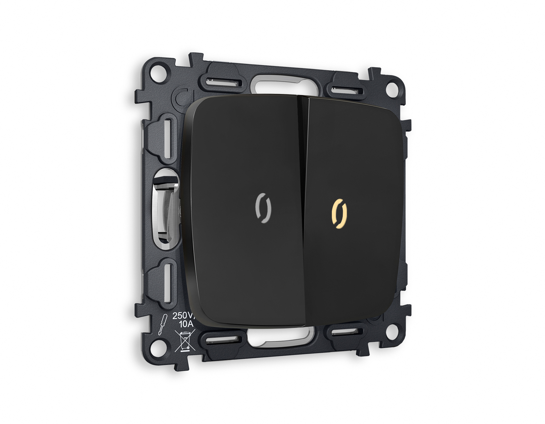 MO804010 Комплект механизма 2-кл выключателя с подсветкой 3200K OMEGA Черный матовый QUANT (OP8040, VM115, G11Y)