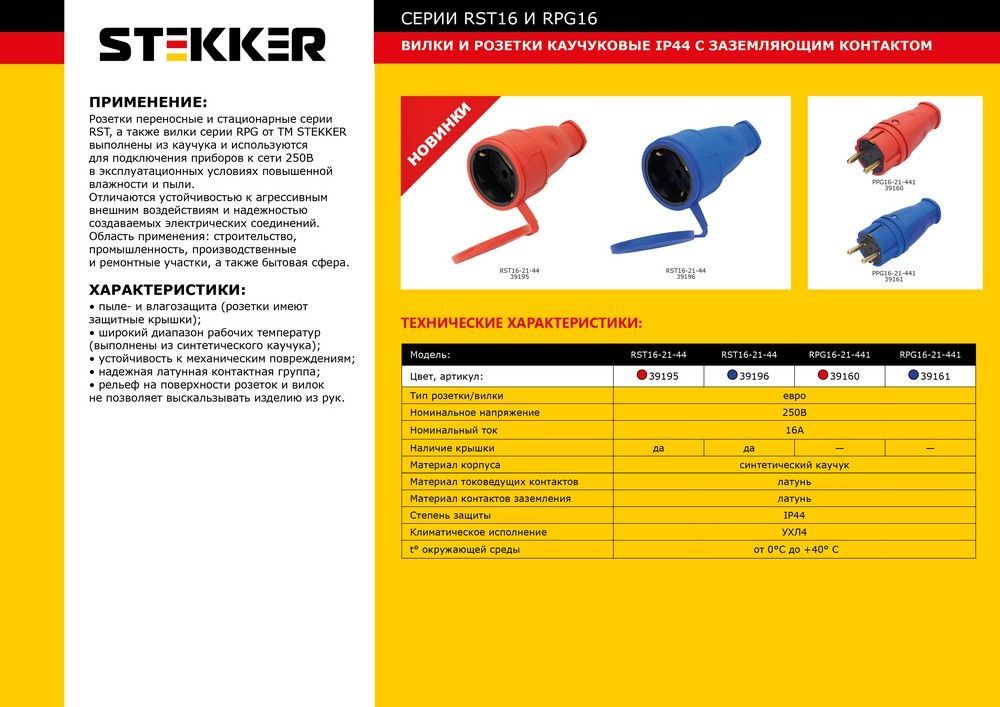 Вилка STEKKER RPG16-21-441 прямая с заземляющим контактом, каучук 250В, 16A, IP44, красная (В 16-001) 39160